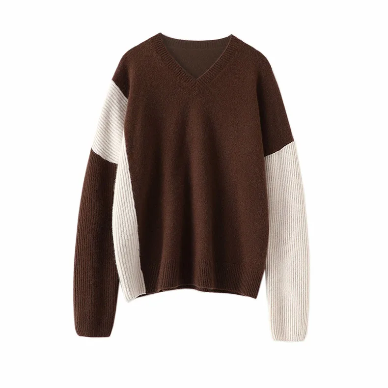 Autumn Winter Women Warm Knit Sweater Color Matching Fashion Knit Crew Neck Patchwork V-neck Extra Thick Pullover Sweater