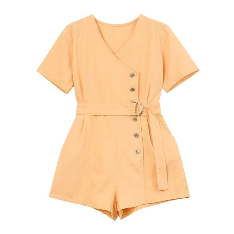 Apparel Summer Sashes V-neck Above Knee Short Sleeve Jumpsuits Women One Piece Jumpsuit Solid Color